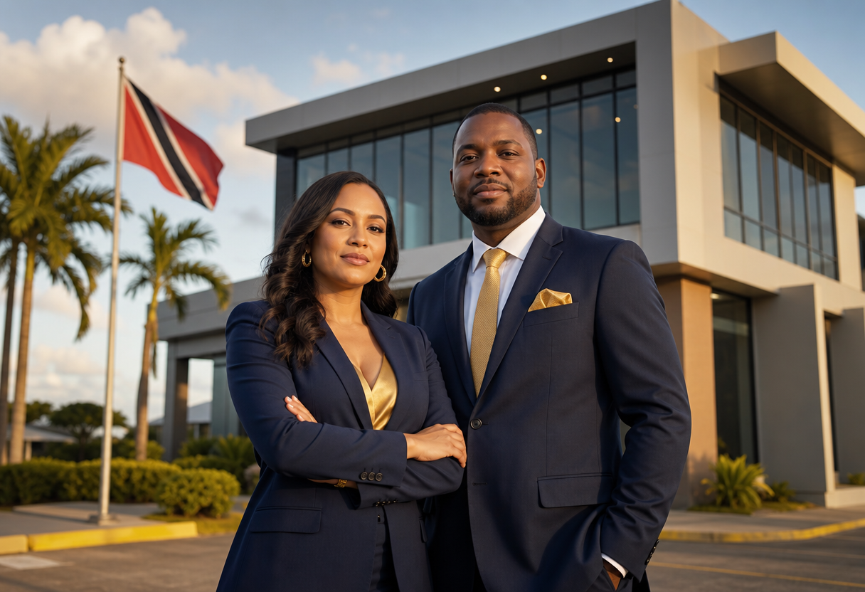 Successful business owners standing proudly in front of a commercial building they own in Trinidad and Tobago